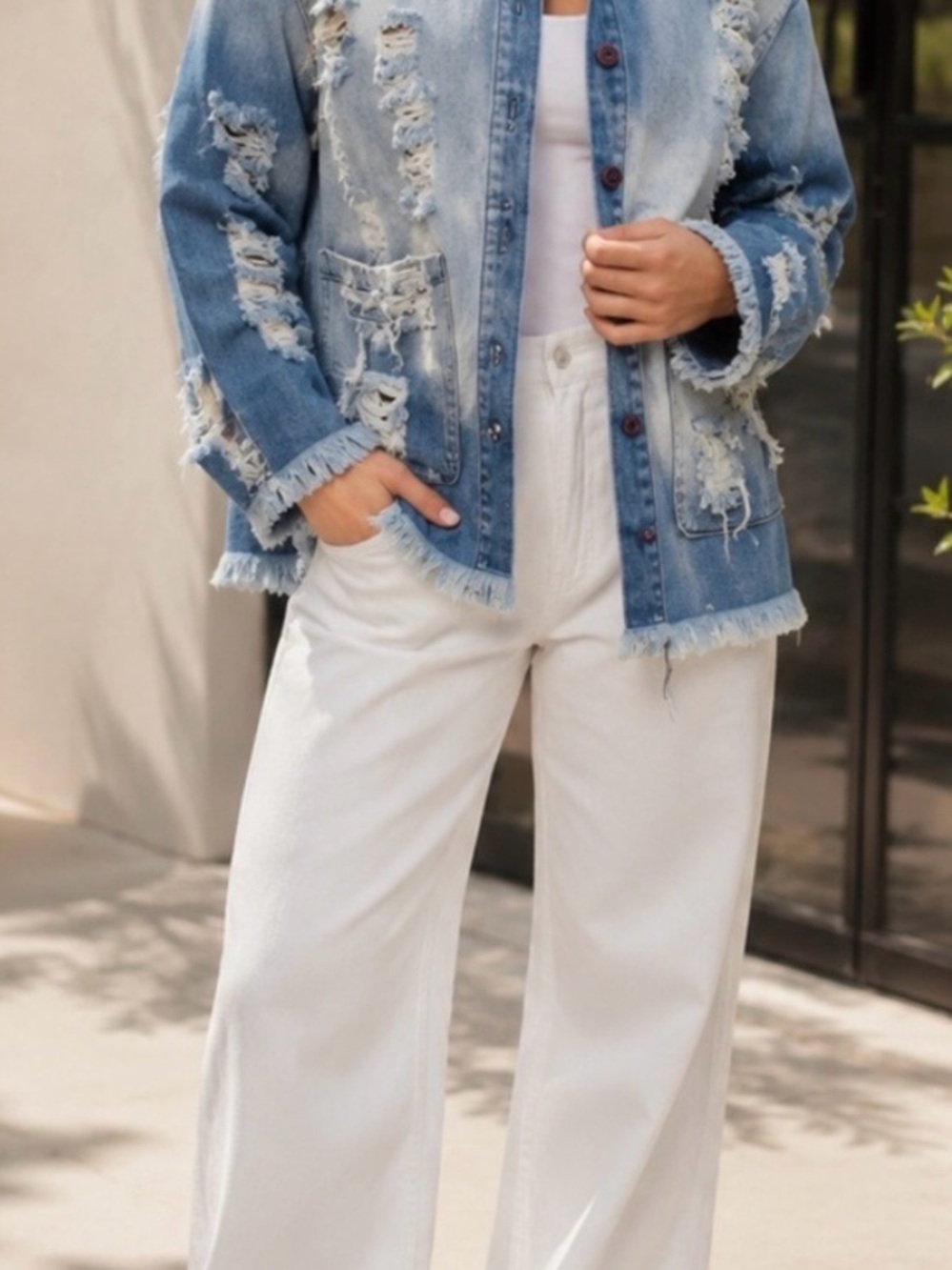 Vibrant Washed Blue Distressed Denim Jacket - Picture 12 of 12